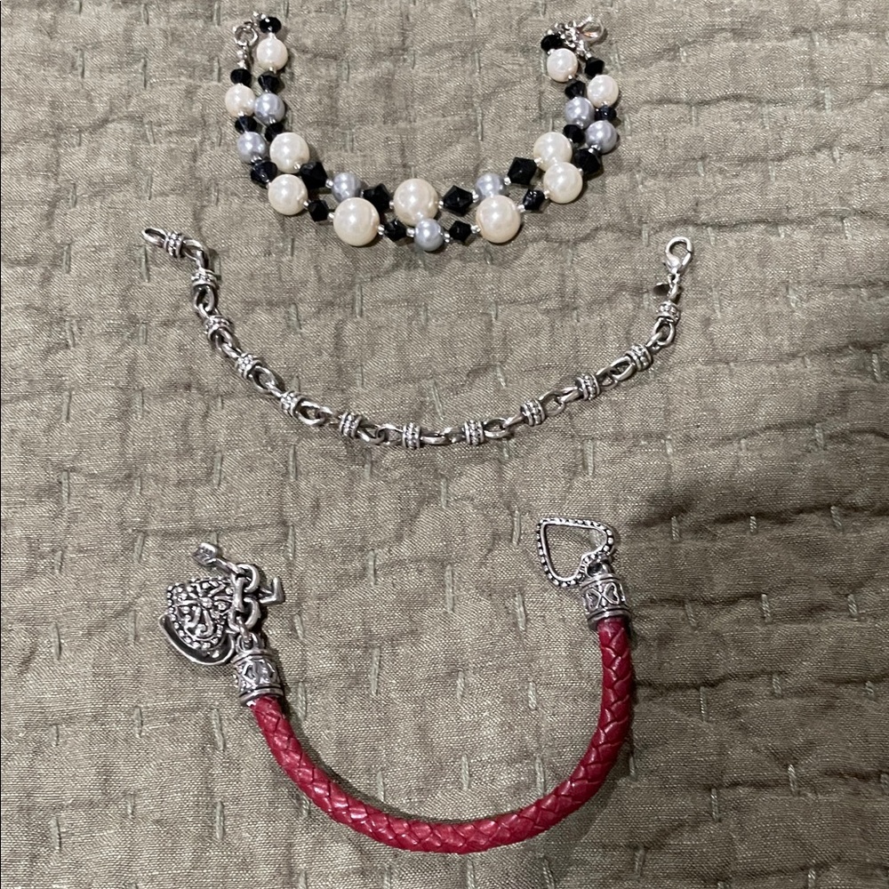 Trio of Bracelets!  1 Silver, 1 Leather & 1 Pearls